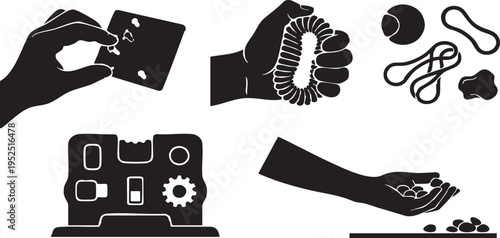 Hand Therapy and Fine Motor Exercise Icons Wrist and Finger Rehabilitation Tools for Occupational Therapy Silhouette