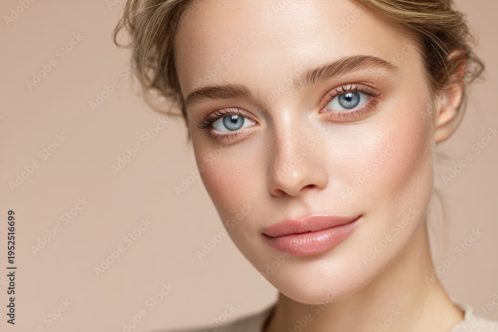 Naklejka premium charismatic woman content creator emphasizing impeccable skin and magnetic eye contact during studio shoot