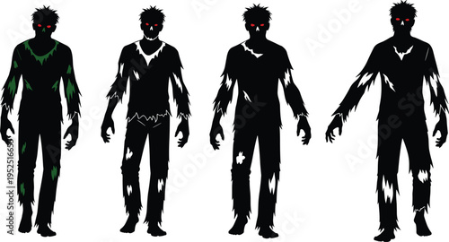 zombie characters silhouettes collection scary undead figures with red eyes set isolated on white background halloween horror creepy monster illustration concept