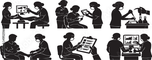 Healthcare Diagnostics and Support - Podiatry, Medical Interpretation, and Mobile Radiology Vector Silhouettes Set