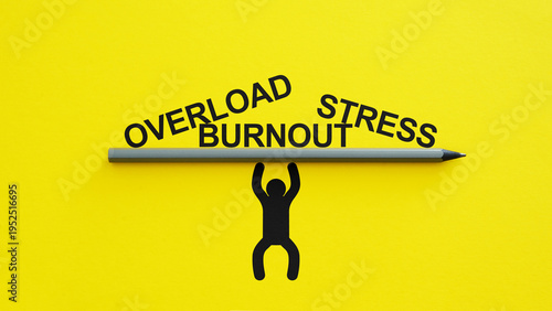 Stress overload and burnout concept with person holding heavy pencil and words stress overload burnout mental pressure, workplace fatigue, psychological strain and anxiety
