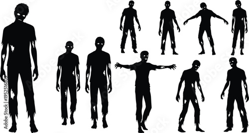 zombie silhouettes collection scary undead characters different poses set isolated on white background halloween horror creepy monster illustration design concept