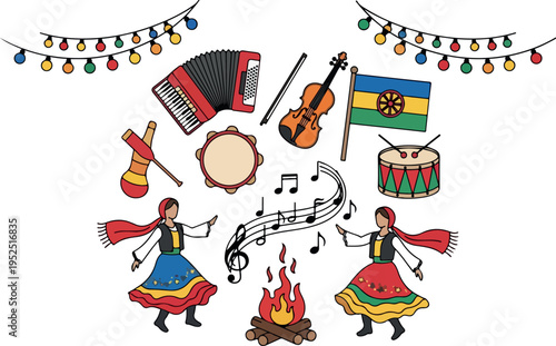 Traditional folk festival celebrations with music, dance, and fire elements