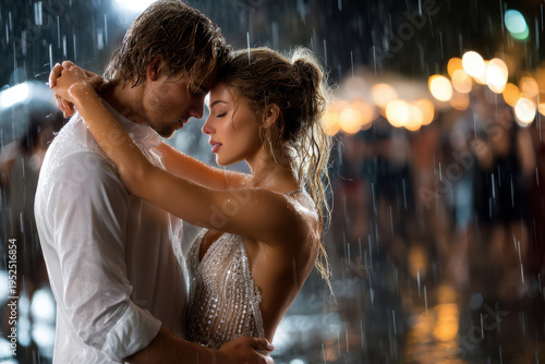 Romantic Couple Embracing in Rain at Night