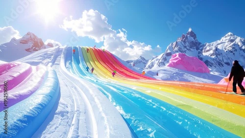 Skiers on a colorful, rainbow-like inflatable slope in mountains