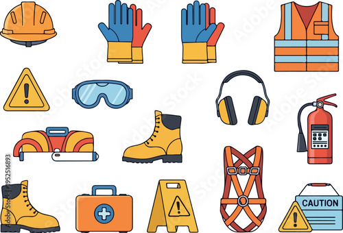 Collection of essential safety equipment icons, including protective gear, first aid, and hazard symbols