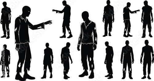 zombie silhouettes collection scary undead characters walking poses set isolated on white background halloween horror creepy monster illustration design concept