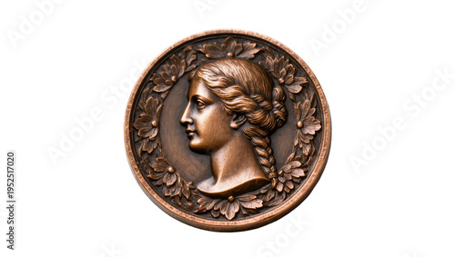 Quadro em tela Isolated classical bronze medallion featuring beautiful woman portrait and intri
