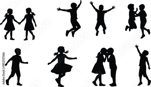 Collection of happy children silhouettes playing, jumping and interacting, kids activity black vector set isolated on white background, childhood friendship and playful movement concept