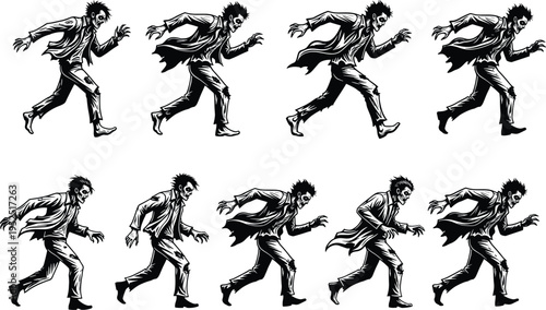 Zombie walking sequence illustration set, hand drawn undead character poses, horror creature animation frames, creepy monster movement, isolated black and white design