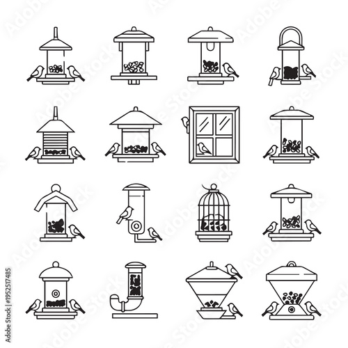 Collection of Bird Feeders with Birds Line Art Icons Vector Illustration