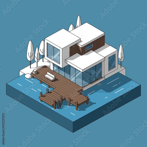 Modern Isometric House with Deck and Pool.