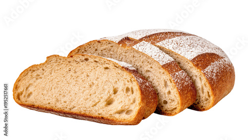 Slika na platnu Isolated fresh rustic homemade sourdough bread loaf cut into delicious ready-to-