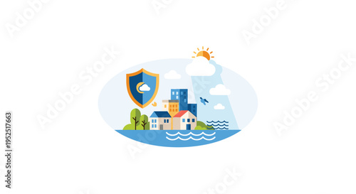 A stylized cityscape with buildings, trees, and water is protected by a blue and orange shield icon under a sunny sky.