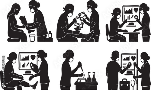 Prosthetics technician fitting limb socket Vector silhouettes set featuring medical professionals using monitors and laboratory tools for artificial limb research