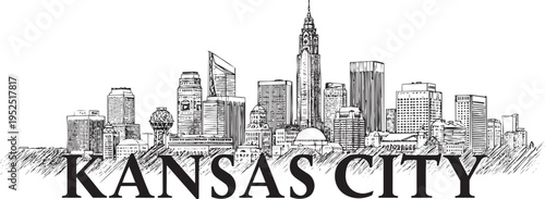 Kansas city skyline drawing with elegant serif typography and detailed architectural elements for souvenir and postcard design