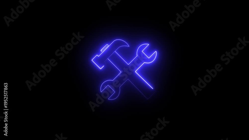 Neon glowing cyan tools icon animation in black background