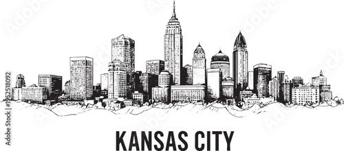 Kansas city skyline silhouette showing urban architecture with detailed skyscrapers in decorative black hand drawn sketch style