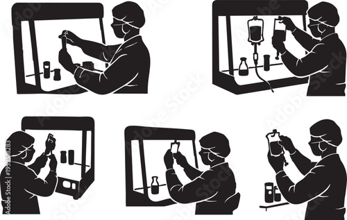 Vector Silhouette Illustration Hospital Pharmacy Compounding Clinical Pharmacist Preparing IV Admixture in Sterile Hood