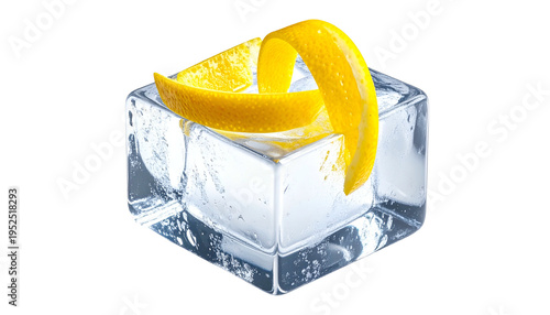 Ice cube with lemon twist garnish on isolated black background for drink photography