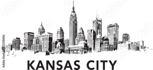 Kansas city skyline vector illustration with detailed buildings and retro black ink sketch design for business travel concept