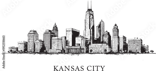 Kansas city skyline vector sketch showing midwest architecture and downtown buildings for commercial and editorial graphic use