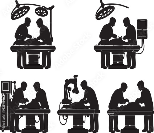 Vector Silhouette Veterinary Surgery Table, Animal Hospital Operation Table & Vet Clinic Surgical Equipment Vector Silhouette Illustration