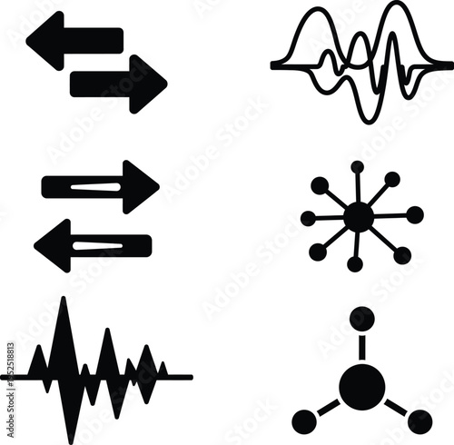 Data flow, sound wave, and molecular structure icons for science and technology