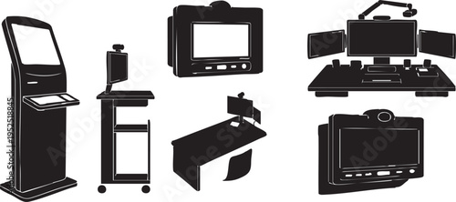 Vector Silhouette Set Virtual Care Kiosk and Remote Health Terminal with Telemedicine Consultation Station Icons