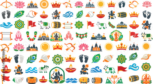 Ram Navami Icon Set Featuring Traditional Symbols and Religious Designs