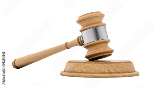 Isolated classic wooden judge's gavel and sound block, representing justice, law, and auction authority.