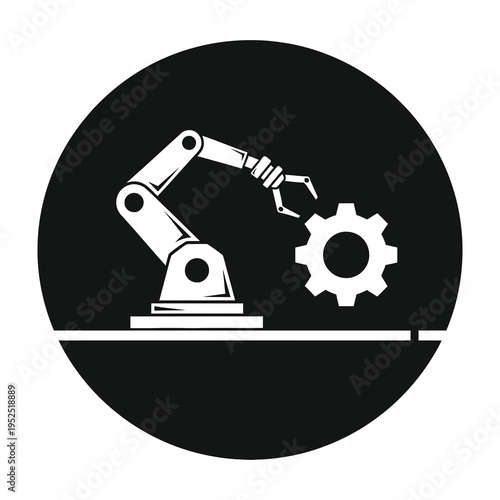 Modern industrial robotic arm precisely assembling intricate mechanical gear components in a sleek minimalist workspace design