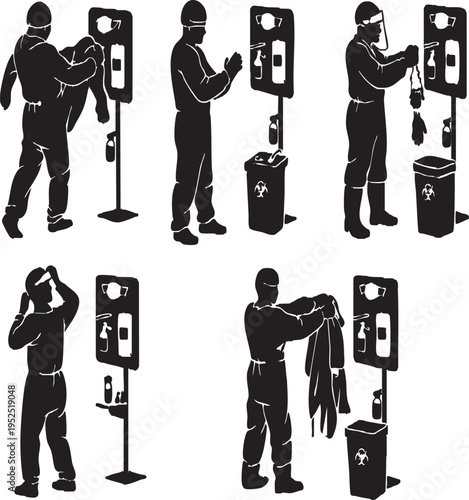 Vector Silhouettes Healthcare Worker Putting On and Removing Protective Equipment(PPE) Donning and Doffing Station