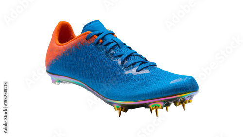 Schilderij op canvas Isolated vibrant blue and orange track spike shoe with metallic sole and sharp spikes