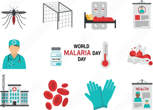 World Malaria Day icons depicting prevention, treatment, and awareness of the disease