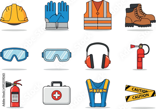 Collection of industrial safety equipment icons including helmets, gloves, vests, boots, and safety glasses