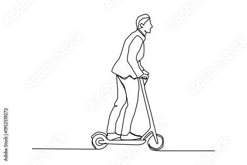 Continuous one line art of young happy businessman ride electric scooter to go to company. Green transportation.