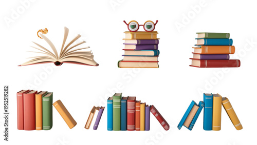 Collection of colorful book stacks and piles with glasses and bookmark  educational resources