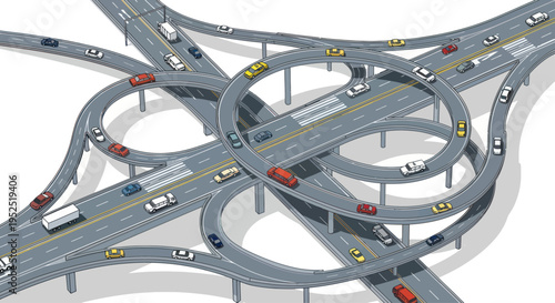 Complex highway interchange with busy traffic flow, aerial view.