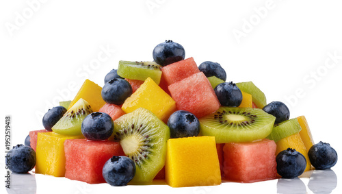 Isolated fresh mixed fruit salad pile with blueberries, kiwi, watermelon, and mango