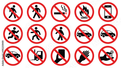 Red prohibition signs vector icons collection with black symbols indicating forbidden actions and restrictions editable EPS