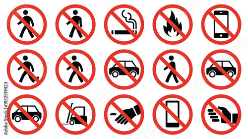 Free Download Prohibition icon set with red circle symbols and black restriction signs for safety and warning design - GFXLoad