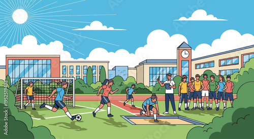 Diverse students playing sports on school grounds, soccer and track and field.