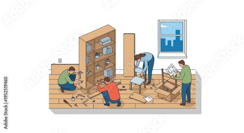 Team Assembling Flat Pack Furniture, DIY Home Improvement, Moving Day