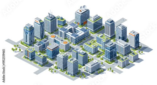 Modern Cityscape with Sustainable Buildings and Solar Panels - Isometric View