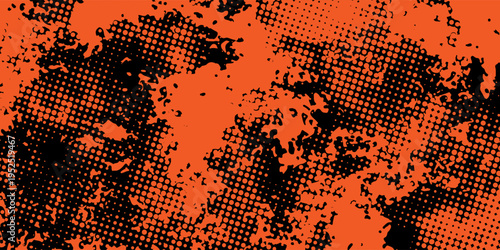 High-contrast abstract background simulating a vintage comic book offset printing effect, with heavy ink splatters and pixelated halftone dots in orange and black.