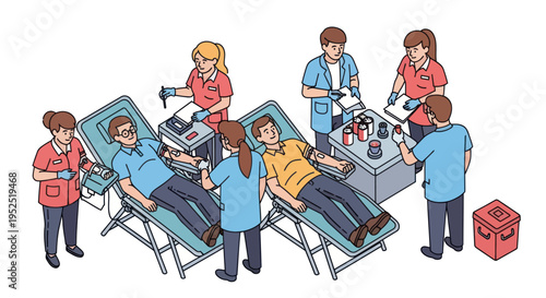 Blood Donation Scene with Donors and Medical Staff