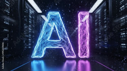 Glowing neon letters forming the acronym ai materialize within a futuristic digital data center hallway representing artificial intelligence advancement and complex technology.