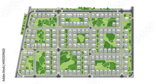 Aerial View of a Modern Residential Neighborhood with Green Spaces and Houses