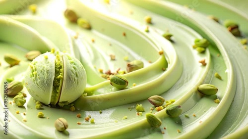 Close-up of pistachio ice cream, scoops, nuts, swirls and crushed nuts